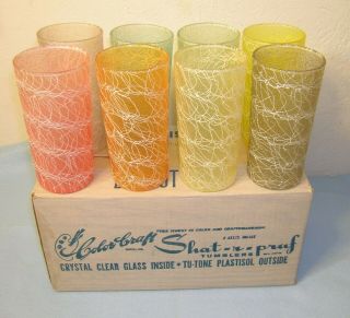 8 Mid Century Color Craft Spaghetti String Glasses In Orig Box Mib Shat - R - Pruf