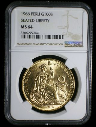 Republic Of Peru 1966 Gold 100 Soles Ngc Ms - 65 Low Mintage Very Scarce