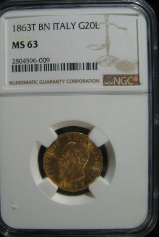 1863t Bn Italy Gold 20 Lire Con Italian Kingdom Emanuel 2nd Gold Coin Ngc Ms 63