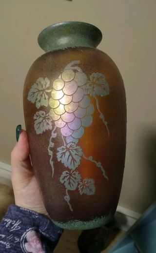 Steuben Style Amber Iridescent Acid Cut Back Cameo Vase 8 "