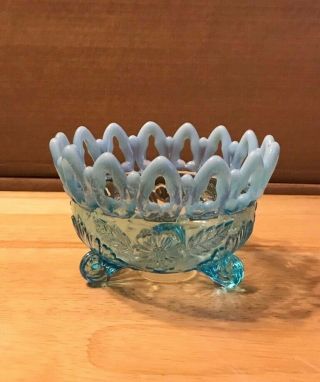 Northwood Open Lace Opalescent Blue 3 Footed Bowl