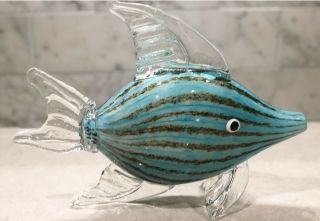 Hand Blown Murano Style Art Glass Fish,  Blue Black Striped,  10.  75 Inches Long