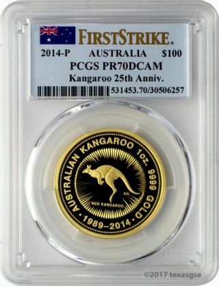 2014 - P $100 Australia Kangaroo 25th Ann.  1oz.  Gold Proof Coin Pcgs Pr70dcam Fs