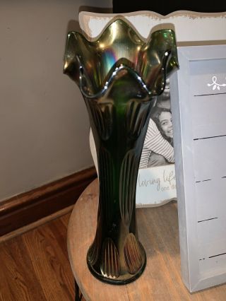Rare Vintage Fenton Amethyst On Green Carnival Glass Swung Vase,  10 1/4 " Tall