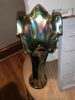 Rare Vintage Fenton Amethyst on Green Carnival Glass Swung Vase,  10 1/4 