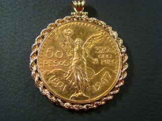 Mexico 1947 50 Pesos Gold 1.  2 Oz 37.  5 Grams Gold B.  U. ,  14kt Gold Bezel 7.  2grams