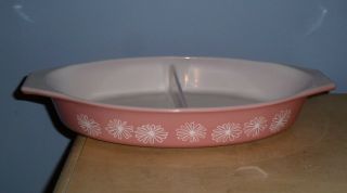 VINTAGE PYREX CASSEROLE PINK DAISY DIVIDED DISH 963 WITH GLASS LID 1.  5 QT QUART 3
