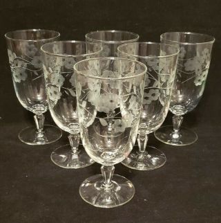 Set Of 6 Vintage Clear Glass Etched Frosted Flowers Short Stem Wine Glasses