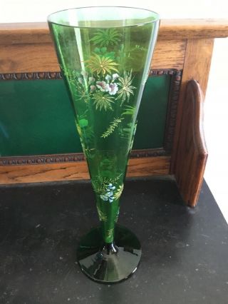 Antique Czech Bohemian 12” Green Glass Trumphet Vase Enameled Pink Blue Flowers