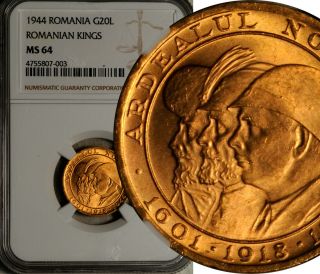 Ngc Ms - 64 Romania Gold 20 Lei 1944 (ardealul Nostru Romanian Kings) 0.  1895 Agw