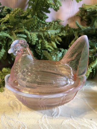 Fenton Hen On Nest Pink Glass Split Tail Opalescent Accents Chicken Candy Dish