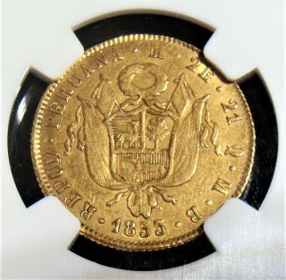 Peru: Republic gold 2 Escudos 1853 LM - MB AU50 NGC. 2