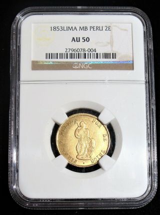 Peru: Republic gold 2 Escudos 1853 LM - MB AU50 NGC. 3