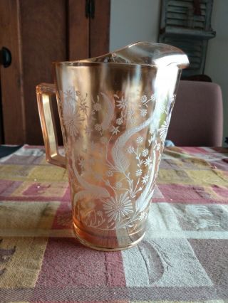 Vintage Jeanette Iridescent Marigold Carnival Glass Pitcher White Floral Pattern