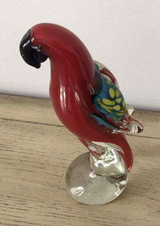 Murano Italy Parrot Hand Blown Red Multi Colorful Art Glass Bird Figurine 7”