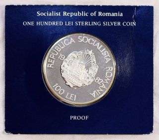 1982 100 Lei Romania Sterling Silver Proof Coin Franklin Low Mintage
