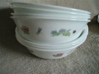 7 CORELLE Soup/Cereal Bowls.  CAMELLIA Dragonfly Ladybug Flowers. 2
