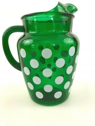 Mid - Century Modern Green Glass Polka Dot Water/juice Pitcher 1950s 1960s