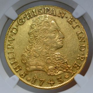 Mexico Philip V Gold 8 Escudos 1743 Mo - Mf Au55 Ngc