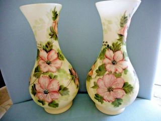 13 " Hand Painted Opaque Glass Vases Lt Green W/ Pink Floral Design
