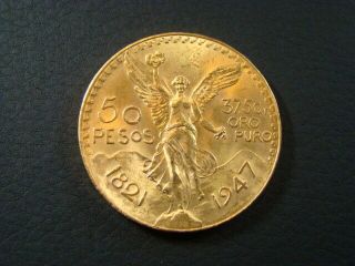 Mexico 1947 50 Pesos Gold 1.  2 Oz 37.  5 Grams Pure Gold Brilliant Uncirculated