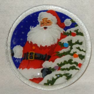 Signed Peggy Karr Art Glass Santa Christmas Tree Fused Plate Tray Cookie