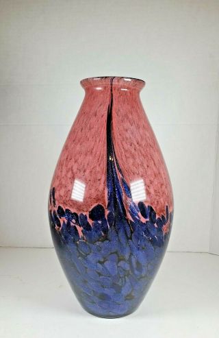 Studio Art Glass Vase Pink,  Blue And Black With Silver Flakes Hand Blown 12 " H