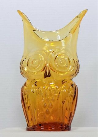 Owl 9” Tall Hand Blown Amber Art Glass Vase Pontil Is Smoothed Exquisite Item
