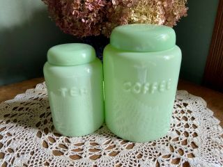 Jadeite Coffee & Tea Green Glass Canisters 6 " 7 " (retro)