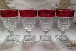 Four Indiana Glass Diamond Point Ruby Red Wine Glasses,