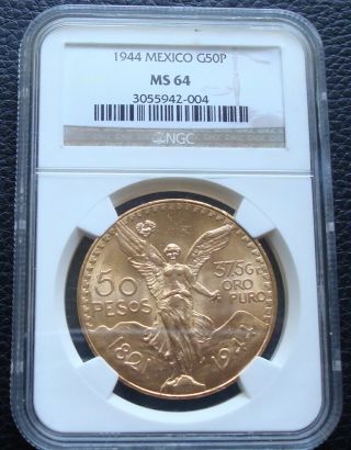 1944 Mexico $50 Pesos Gold 37.  5 Pure Gold Ngc Ms64