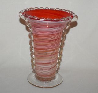 8.  5 " Hand Blown Red Swirl Vase Clear Braid Accents Rough Pontil Clear Scallop