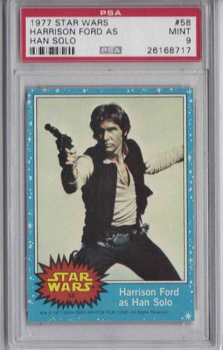 Star Wars 1977 Blue Topps Card 58 Harrison Ford As Han Solo Psa 9 Slabbed