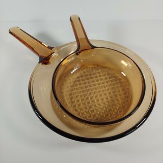 Vintage Vision By Corning Amber Glass 7 " & 10 " Skillet Frying Pan No Lid France