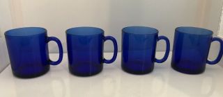 Vintage Cobalt Blue Glass Set Of 4 Coffee Tea Mugs Cups Arcoroc Made In France