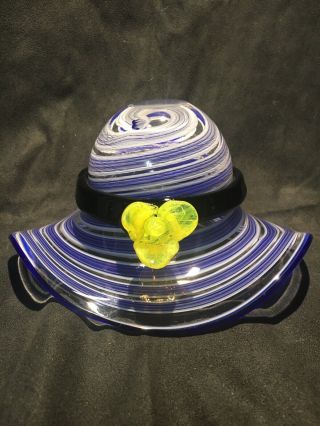 Vintage Murano Hand Blown Art Glass Hat Bowl Blue White Swirl Yellow Flower