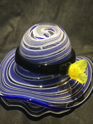 Vintage Murano Hand Blown Art Glass Hat Bowl Blue White Swirl Yellow Flower 2