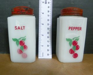 Vintage Tipp City Cherries Milk Glass Large Salt & Pepper Shakers