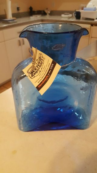 Vintage Blenko Double Spout Water Pitcher Decanter Blue Cobalt With Tag