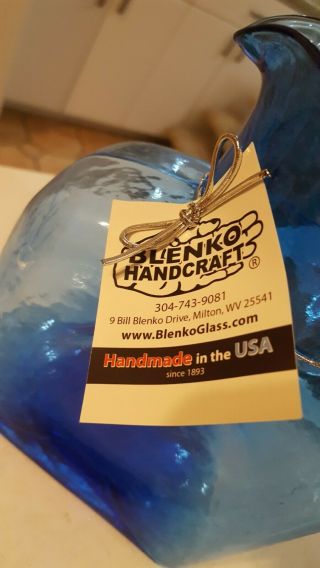 Vintage Blenko Double Spout Water Pitcher Decanter blue cobalt with tag 2