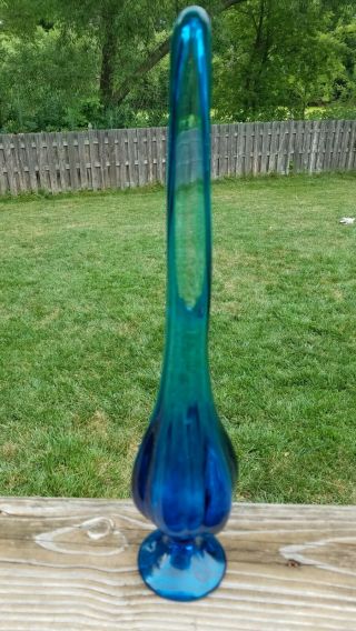 Vtg 16.  5 " Blue Stretch/swung Art Glass Bud Vase W/pedestal Base
