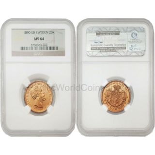 Sweden 1890 Eb20 Kronor Gold Ngc Ms - 64