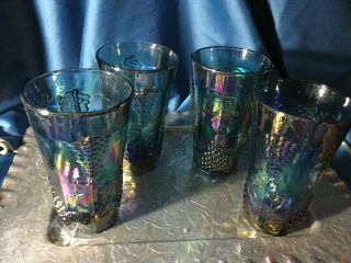 Vintage Indiana Blue Carnival Glass Set Of 4 Tumblers Harvest Grape