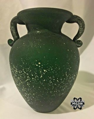 Frosted Dark Emerald Green Handblown Art Glass Vase With White Speckles Vintage