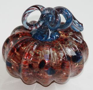 3 " Hand Blown Art Glass Pumpkin W/ Curly Swirl Stem Blue Burgundy Crackle