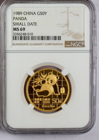 1989 China 50 Yuan 1/2 Oz Gold Panda Small Date Ngc Ms 69