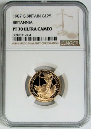 1987 Gold Great Britain 25 Pounds Proof Britannia 1/4 Oz Coin Ngc Pf 70 Uc