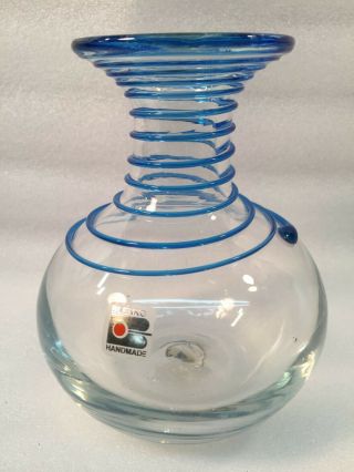 Vintage Blenko Hand Blown Art Glass Bulbous Vase Clear W/blue Swirl Sticker