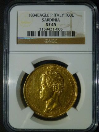 1834 Italy Gold 100 Lire Sardinia Eagle P Ngc Xf 45.  9332 Oz