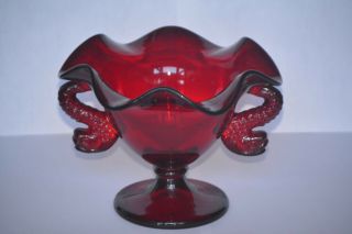 Fenton Ruby Red Dolphin Handled Footed Comptoe Candy Dish